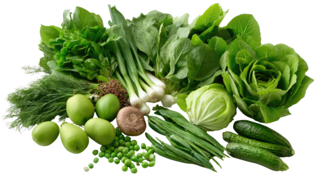 Green Grocery Gathering: A vibrant arrangement of fresh, organic green vegetables and fruits, showcasing nature's bounty and culinary potential. 