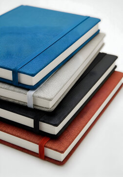 [Generative AI] 색상별 하드커버 노트 스택 클로즈업