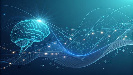Artificial intelligence brain with digital neural network, machine deep learning and data mining concept, futuristic mind with glowing particles and wave lines