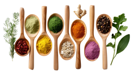 Spice Palette: A vibrant collection of aromatic spices and herbs displayed in wooden spoons, evoking a sense of culinary exploration and the rich flavors of global cuisine.