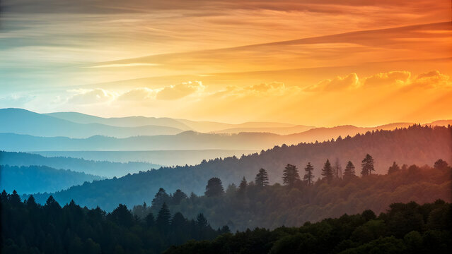Layered Mountain Ridges at Sunset with Sunbeams Through Clouds mountains sunrise