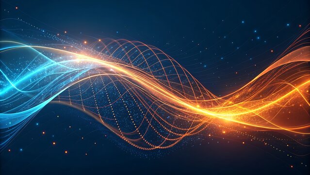 Abstract glowing wave background with blue and orange light, futuristic technology concept, energy flow and data transfer, digital network connection - Powered by Adobe