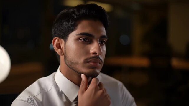 A young man looking thoughtful, gazing with contemplative eyes, possibly deep in thought or introspection Stock Video