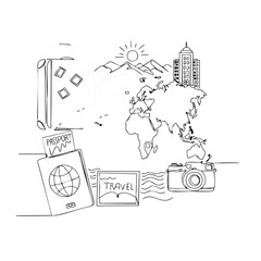 A hand-drawn illustration evokes the spirit of global exploration, featuring a passport, camera, suitcase, and world map with mountains and city skyline.