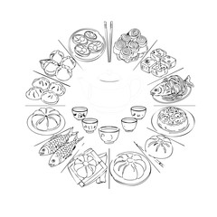 A delightful hand-drawn illustration showcases a spread of traditional Chinese dishes arranged in a circular pattern, creating a visually appealing culinary composition.