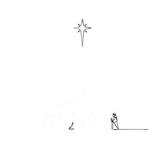 A minimalist line drawing depicts the Nativity scene, with Mary and Joseph kneeling before baby Jesus under the guiding light of the Star of Bethlehem.