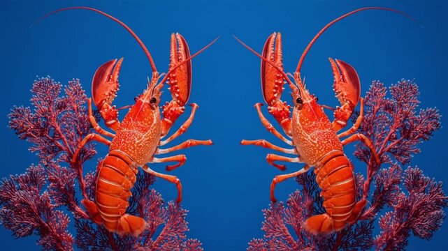 Two vibrant orange lobsters face each other amid purple coral against a deep blue sea. bright colors