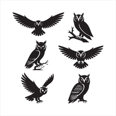 owl silhouette, owl vector illustration, owl collection, owl set, bird silhouette, night bird vector, wild owl design, sitting owl, owl head vector, animal vector art, spooky owl vector, black owl sil