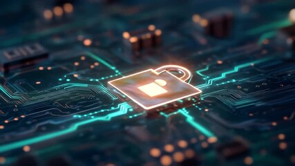 Digital security padlock icon on glowing circuit board render - Powered by Adobe
