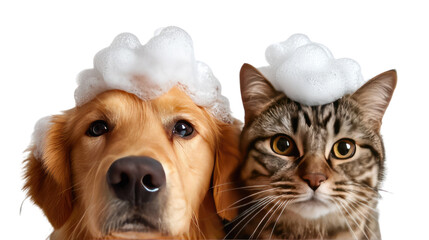 Bath Buddies: A cat and a dog are adorned with foamy bubbles, showcasing their harmonious relationship and shared grooming experience.
