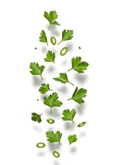 Parsley Leaves and Green Onion Slices Floating on White Background Fresh Herbal Cooking Concept  
