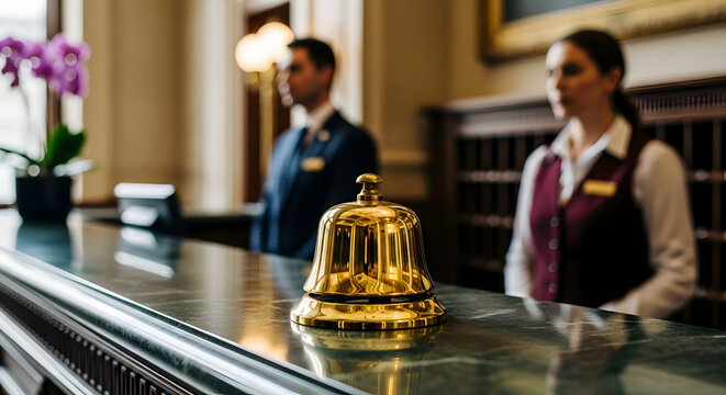 Golden hotel reception bell on a marble desk with attentive staff in the background, symbolizing luxury service and hospitality.