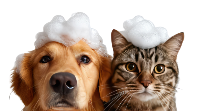 Bath Buddies: A cat and a dog are adorned with foamy bubbles, showcasing their harmonious relationship and shared grooming experience.