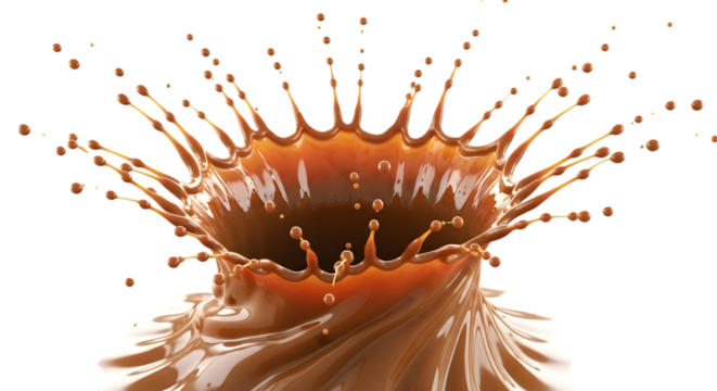 Chocolate Liquid Splash Crown Shape On Black Background fluid food isolated on a transparent background