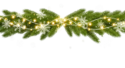 Festive Christmas Garland with Snowflakes and Warm Lights on Black Background pine branches isolated on a transparent background