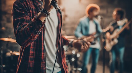 People in the band are practicing music with the singer's microphone.