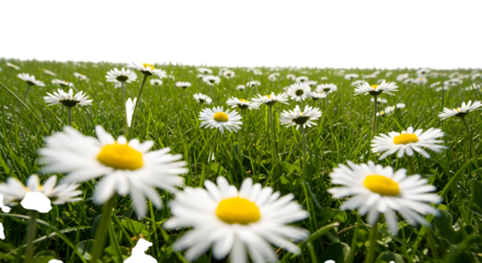 Field of White Daisies with Yellow Centers in Green Grass Keywords: daisies, flowers, field of flowers, meadow, nature, spring, summer, floral, white isolated on a transparent background