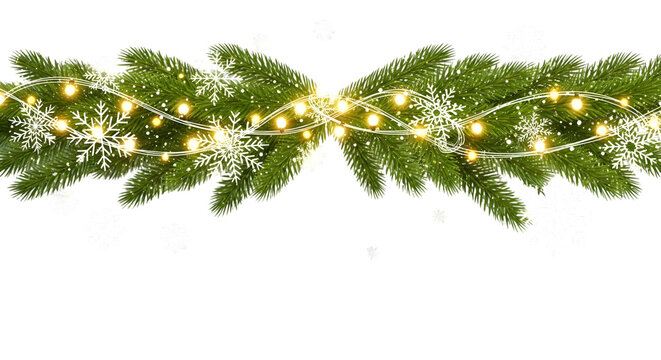 Festive Christmas Garland with Snowflakes and Warm Lights on Black Background pine branches isolated on a transparent background
