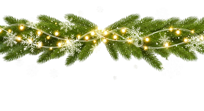 Festive Christmas Garland with Snowflakes and Warm Lights on Black Background pine branches isolated on a transparent background