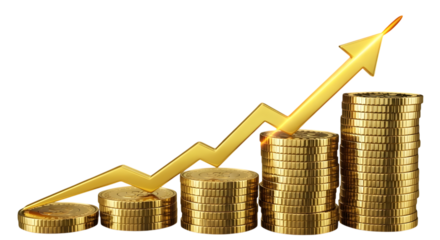 Golden Arrow Graph Showing Upward Trend Over Stacks of Gold Coins graphic design isolated on a transparent background