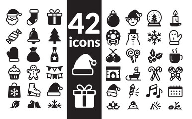 Fototapeta premium Christmas Glyph Icon Set: Holiday, Santa Claus, Winter and Celebration Symbols. Solid Vector Pack