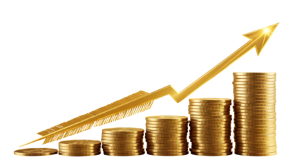 Golden Arrow Graph Showing Upward Trend Over Stacks of Gold Coins money finance isolated on a transparent background