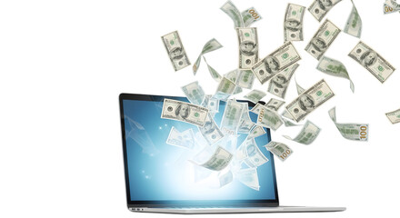 Hundred Dollar Bills Flying Out of a Laptop Screen on Black Background Keywords: money, cash, hundred dollar bills, flying money, laptop, computer isolated on a transparent background