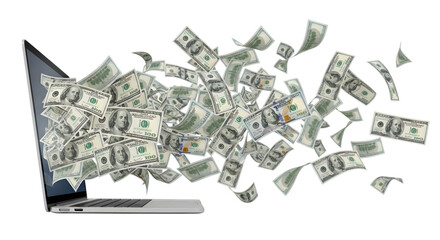 Laptop Screen Emitting US Dollar Bills into the Air on Black Background Keywords: laptop, computer, money, dollar, bills, cash, currency, hundred isolated on a transparent background