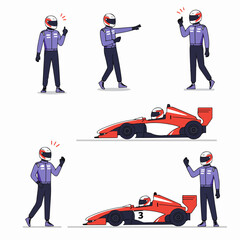 Obraz premium Vector illustration of formula race car drivers and open-wheel vehicles, showcasing various poses and action gestures for motorsport design elements.