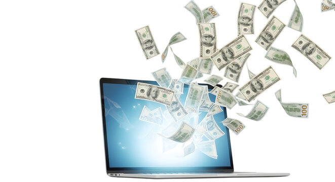 Hundred Dollar Bills Flying Out of a Laptop Screen on Black Background Keywords: money, cash, hundred dollar bills, flying money, laptop, computer isolated on a transparent background