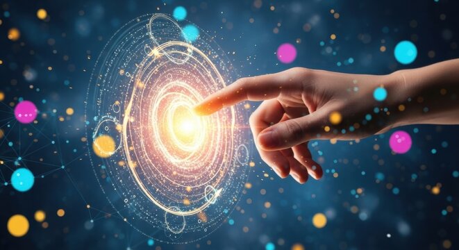 Digital Touch: Hand Interacting with Glowing Abstract Technology Interface on Dark Background