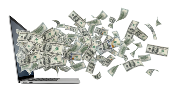 Laptop Screen Emitting US Dollar Bills into the Air on Black Background Keywords: laptop, computer, money, dollar, bills, cash, currency, hundred isolated on a transparent background