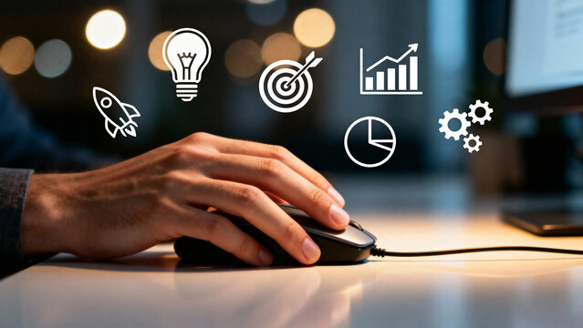 Hand using computer mouse with digital icons representing innovation, goals, analytics, and technology