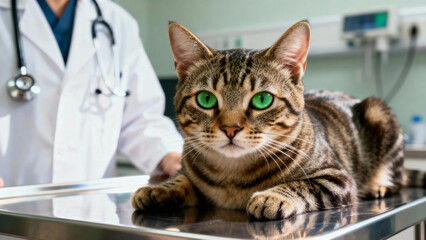 A tabby cat with green eyes lies on an examination table in a veterinary clinic, with a veterinarian in the background.