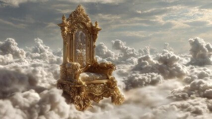 A gilded archlike throne floats among radiant clouds high in a dreamy, sunlit sky of gold. and myth! - Powered by Adobe