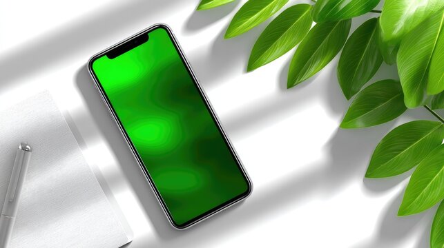 Clean Flat Lay Photo of a Smartphone with Green Screen Display and Green Leaves on a White Table with Sunlight Shadows