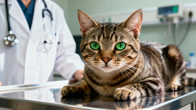 A tabby cat with green eyes lies on an examination table in a veterinary clinic, with a veterinarian in the background.