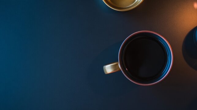 topdown. Minimalist coffee cup on a sleek gold-black surface, embodying simplicity and modern design. bar promotions, beverage menus, designed for product packaging and bar promotions.
