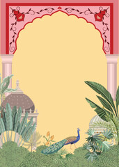 Naklejka premium An ornate indian archway frames a serene courtyard with lush greenery, a majestic peacock, and architectural domes, evoking a sense of royal splendor and tranquility
