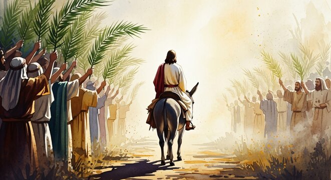Jesus Triumphal Entry into Jerusalem Palm Sunday Biblical Illustration Christian Art Holy Week
