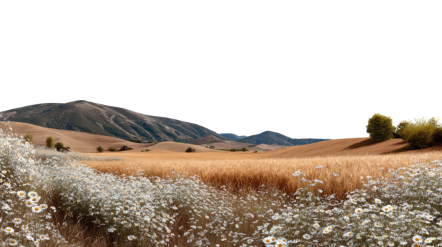 Golden Field Under the Sun: A breathtaking panorama unfolds as a vast field of golden wheat stretches towards distant mountains, framed by delicate wildflowers, under a clear sky.