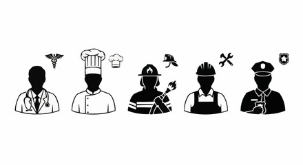 Illustrations of Various Professions - Doctor, Chef, Firefighter, Construction Worker, Police Officer.