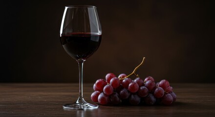 Elegant Red Wine and Grapes Still Life, Dark Background