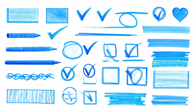 Blue Checkmarks: A collection of blue checkmarks, symbols, and highlighting elements are presented on clean display. This image is ideal for conveying concepts such as task completion, selections.