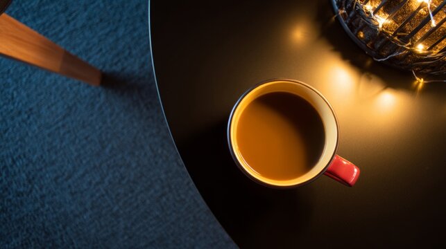 topdown. Minimalist coffee cup on a sleek gold-black surface, embodying simplicity and modern design. bar promotions, beverage menus, designed for product packaging and bar promotions.
