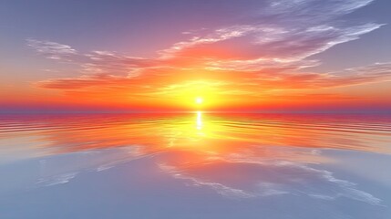 Fototapeta premium Vibrant Orange Sunset Over Calm Ocean Water With Reflective Surface And Wispy Clouds