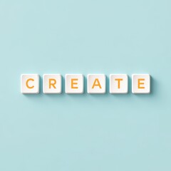 Typing on Keyboard High-Contrast Creative Flat Lay with Colorful Letter Blocks Spelling Create on Pastel Blue Background