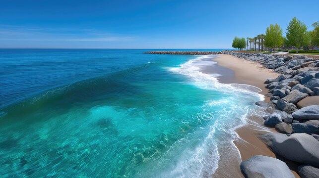 Vibrant turquoise ocean waves gently lap a sunlit sandy beach lined with palm trees and rocky shore under a clear blue sky during daytime travel vacation scene - Powered by Adobe