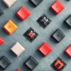 Typing on Keyboard Close-up of colorful mechanical keyboard switches with keycaps on a textured surface, new and unassembled typing keys