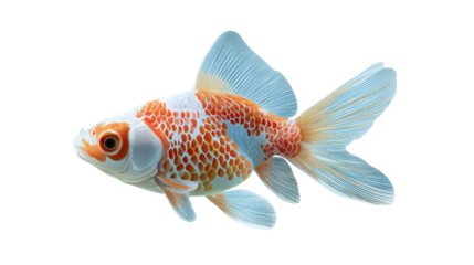 Golden Fish's graceful display: This enchanting shot of a goldfish with vibrant orange and white scales gracefully navigating the water, capturing its serene beauty and aquatic elegance.